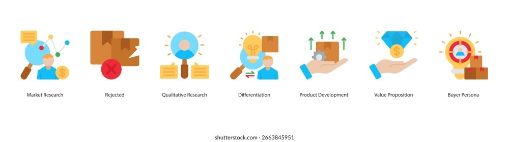 Behavioral Segmentation icon set vector market research, rejected, qualitative research, differentiation, product development, value proposition, buyer