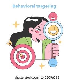 Behavioral targeting concept. Enthusiastic woman peering through a magnifying glass at emoticons, indicating positive and negative reactions, while aiming an arrow at a target.