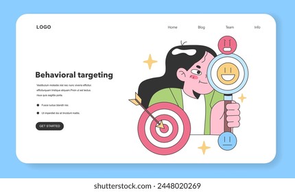 Behavioral targeting concept. Enthusiastic woman peering through a magnifying glass at emoticons, indicating positive and negative reactions, while aiming an arrow at a target.