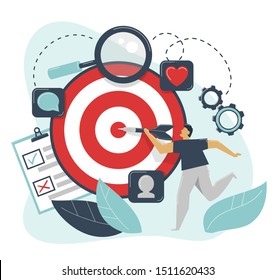 Behavioral targeting concept. Man hit target dart. Audience on customer behavior: likes, comments, reposts, subscription. Marketing segmentation, customers care, customer relationship management, CRM