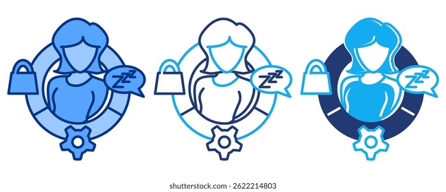 Behavioral Therapy icon represented by shoping bag, gear, sleep, women Blue, Dualline, Dualtone style.