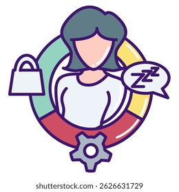 Behavioral Therapy icon represented by shoping bag, gear, sleep, women Lineal Color style.