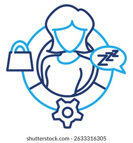 Icono de terapia conductual representado por bolso de compras, equipo, sueño, estilo de línea dual de las mujeres.