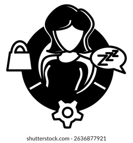 Behavioral Therapy icon represented by shoping bag, gear, sleep, women Black Filled style.