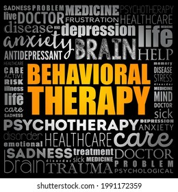 Behavioral therapy - term referring to clinical psychotherapy that uses techniques derived from behaviourism and cognitive psychology, word cloud health concept background