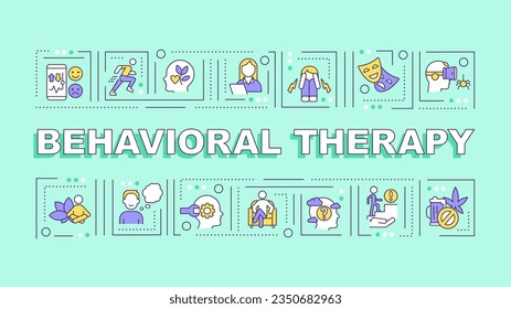 Behavioral therapy text with various thin linear icons concept on green monochromatic background, editable 2D vector illustration. svg