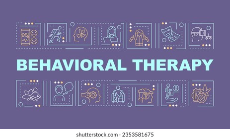 Behavioral therapy text with various thin line icons concept on dark purple background, editable 2D vector illustration.