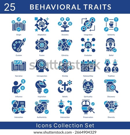 Behavioral Traits icon set collection in solid glyph style. an icon pack contain adaptation, ancestry, integration, solidarity, custom, fusion, ethnicity, evolution, belief, narrative