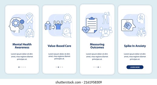 Behavioral trends light blue onboarding mobile app screen. Mental health walkthrough 4 steps graphic instructions pages with linear concepts. UI, UX, GUI template. Myriad Pro-Bold, Regular fonts used
