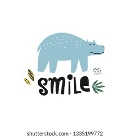 Behemoth flat hand drawn illustration. Hippopotamus animal. Hippo cartoon character.Smile lettering. Jungle, rainforest, savanna fauna. Positive postcard, kid book element