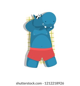 Behemoth sunbathing on the beach, cute animal cartoon character relaxing on the seashore at summer vacation vector Illustration on a white background