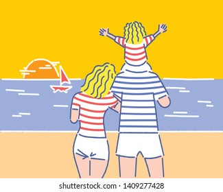 Behind the back of a happy family looking at the sun at the beach. hand drawn style vector design illustrations.