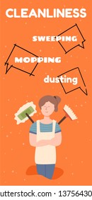 Behind the back keeps a mop for mopping and a broom.