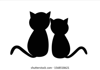 Behind of black cat's couple sitting on the white background.