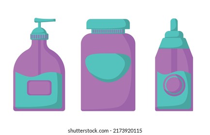 Behind the body cosmetic set consisting of body oil, liquid soap and liquid soap in purple mint color, vector image.