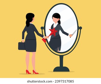 Behind business success. business woman holding a trophy looks at his reflection in the mirror.