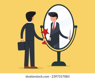 Behind business success. Young businessman holding a trophy looks at his reflection in the mirror.