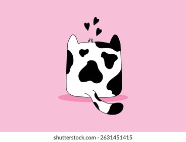Behind a cute black and white doodle cat sitting with a small hearts on a pink background.