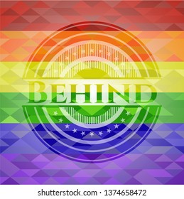 Behind emblem on mosaic background with the colors of the LGBT flag