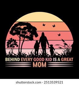 Behind every good kid great mom. Vector banner with a girl and flying pink paper hearts. Symbol of love on white background. greeting cards, mugs, templates, posters