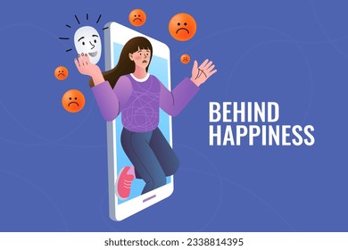 Behind happiness on social media. Depression concept. A sad girl hides her emotions behind a mask. Woman crying and holding a happy mask. Upset Female Character Problems. vector illustration.