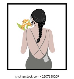 Behind The Pigtail Woman Wearing An Open Back Dress, Holding Yellow Flowers, Vector 