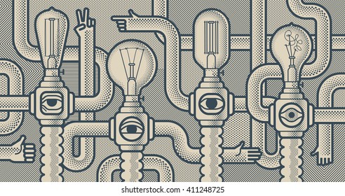 Behind reality. Light bull machines. Monochrome pop art style background