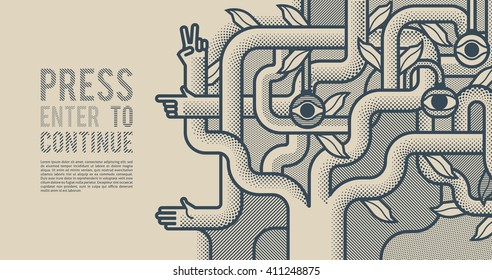 Behind reality. Mechanical tree with hands. Monochrome pop art style background
