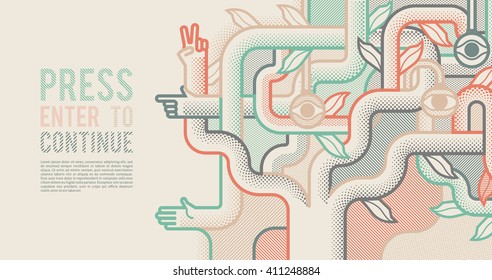 Behind reality. Mechanical tree with hands. Pop art style background