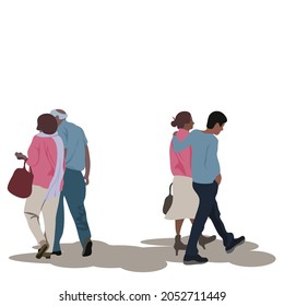 Detrás de escena de dos parejas de diferentes edades (hombres jóvenes, hombre camina sobre los hombros de la niña a la derecha y una pareja mayor camina a la izquierda). Concepto de diseño plano vectorial para Lover.