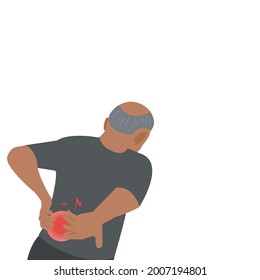 Behind the scenes of a bald An elderly man holds both hands on his waist on white background.The drawing depicts lumbar pain in the elderly. Vector isolate flat design concept for healthcare or injury