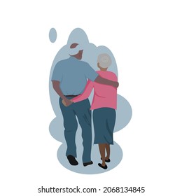 Behind the scenes of an elderly couple, a bald man and one woman has short hair are walking supporting by hand in hand forward on white background.Vector isolate flat design concept for LOVE forever.