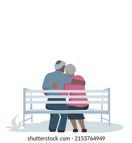 Behind the scenes of an elderly couple, a bald man and one woman has short hair are sitting supporting by hand in hand forward on white background.Vector isolate flat design concept for LOVE forever