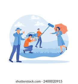 Behind the scenes of the filmmaking process. A film crew team shoots an actress's film scene outdoors. film Production concept. Trend Modern vector flat illustration