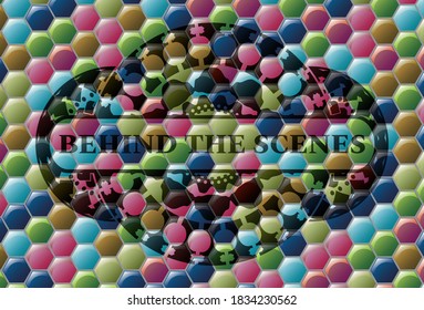 behind the scenes text inside Colorful multicolored realistic badge. Hexagon chic background. Illustration. 