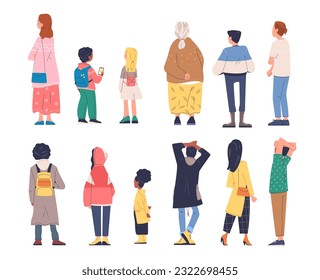 Detrás de la gente de pie. Vista posterior de hombre y mujer, parte posterior del cuerpo humano al revés estilo adolescente o de pie de niña trabajadores niños amigos colección ilustración vectorial de la parte posterior, de pie al revés