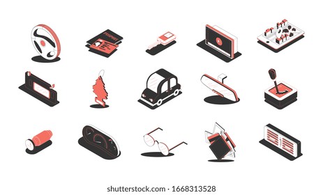 Iconos isométricos situados detrás de las ruedas con piezas y herramientas de los vehículos para camiones Ilustración vectorial aislada 3d
