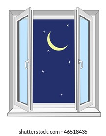 Behind a window the yellow moon and stars
