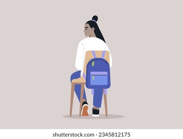 From behind, a young student sitting on a chair, their backpack hanging on the backrest