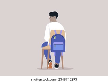 From behind, a young student sitting on a chair, their backpack hanging on the backrest