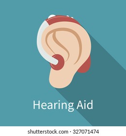 Behind-the-ear hearing aid icon. Flat design, long shadow. Ear wearing deaf-aid. Could be used as illustration of deaf problem or hearing loss. Vector art, eps 10.