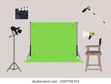 A behind-the-scenes scenario featuring movie equipment: a chroma key screen, softbox lighting, a clapboard, a megaphone, and a director's chair