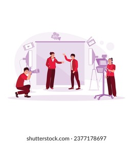 Behind-the-scenes shot of a virtual production stage by a film crew team on a giant LED screen. Film Production Concept. trend modern vector flat illustration