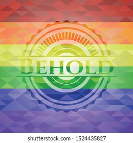 Behold emblem on mosaic background with the colors of the LGBT flag