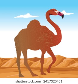 Behold the vibrant Flamel, a whimsical creature blending the elegance of a flamingo with the resilience of a camel. A surreal desert wanderer. perfect for kids wall