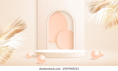 Beige 3d background with white podium, golden palm leaves, arch window and balls. Elegant minimal geometric composition in soft pastel colors. Modern layout design for luxury cosmetic product display.