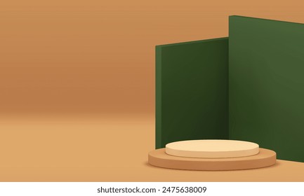 Beige 3d cylinder podium with green angular wall background realistic vector illustration. Neutral pedestal empty geometric showcase advertising room space mock up for commercial product presentation