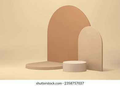 Beige 3d cylinder podium neutral pedestal mock up for cosmetic product show presentation vector illustration. Realistic semicircle stand with curved wall background pastel commercial showcase