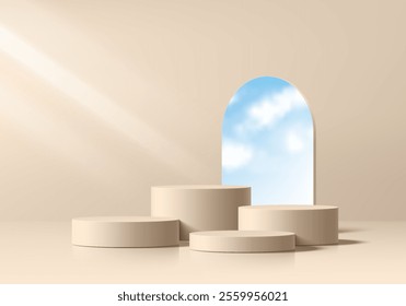 Beige 3D cylindrical podium background with sky in arch mirror. Studio wall scene. Minimalist mockup pedestal. Abstract stand product display presentation. Stage for showcase. Vector platform design.