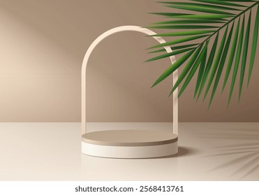 Beige 3D cylindrical podium background with Arch backdrop and palm leaf. Studio wall scene. Minimalist mockup pedestal. Abstract stand product display presentation, Stage for showcase. Vector design.